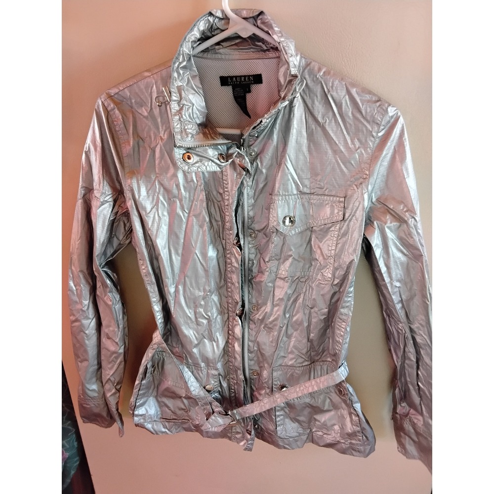 Lauren Ralph Lauren Silver Metallic Belted Field Jacket Packable Hood Womens S